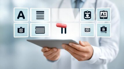 Digital Medical Solutions: A medical professional, holding a digital tablet, interacts with various digital interfaces representing healthcare innovations, highlighting advancements. - Powered by Adobe