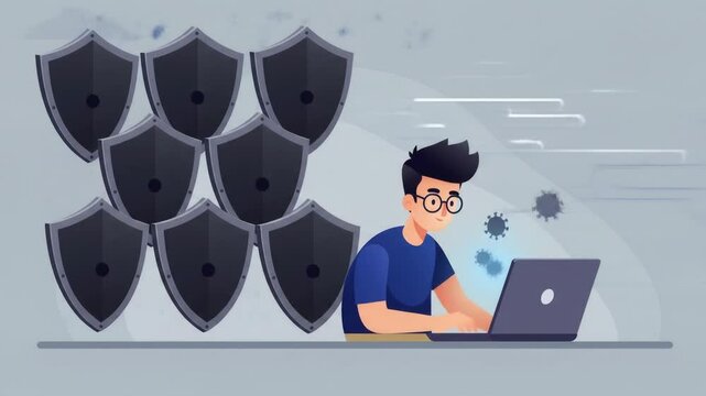 Typing On Laptop with Virus Protection and Shield Security