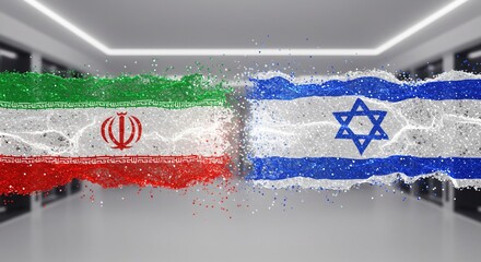Visualize dynamic, flowing digital data streams Iran and Israel flag