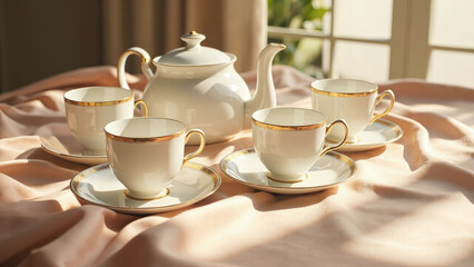 Fototapeta premium Elegant tea set gold trim porcelain teacups teapot