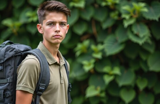 Young cadet man with backpack against green leaves background. Military education student in uniform looking to camera. Modern military cadet pose in front of foliage. Education, study, learning,