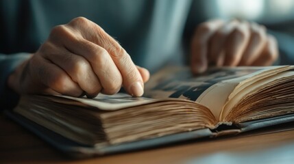 A person lost in thought while flipping through an old, dusty photo album 