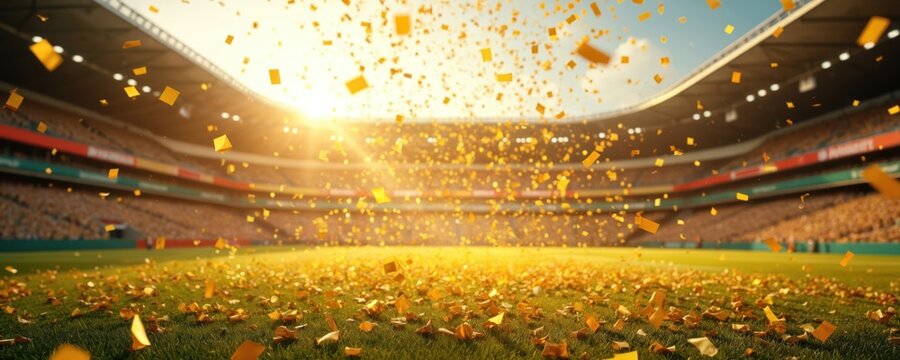 Golden confetti fills stadium to celebrate victory. Football game atmosphere, fans joy, win. Colourful confetti shower over green field, happy moment. Championship, triumph, success. Joyful winning
