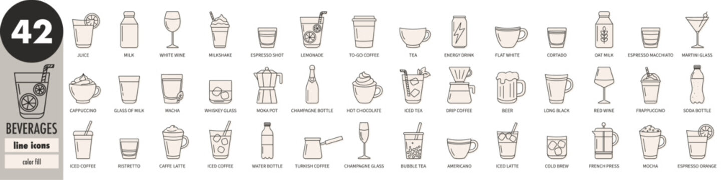 Beverages, drinks - thin line icons set, light beige fill. Juice, coffee, cappuccino, espresso, milk, hot chocolate, tea, soda, water, champagne, wine, milkshake, tea, whiskey, vector illustration