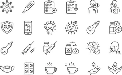 Covid-19 symptom and prevention icon set, virus protection, fever detection, mask, hand wash, immune care, medication, vaccine, line health illustrations