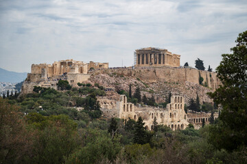 A view of the Parthenon, the ancient temple site in Athens, Greece, taken from Philopappos Hill