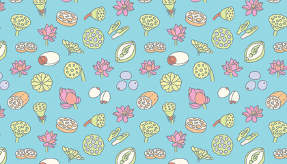 Light blue-background seamless illustrations of lotus elements.