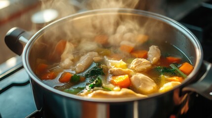 A steaming pot of homemade chicken soup simmering on the stove 