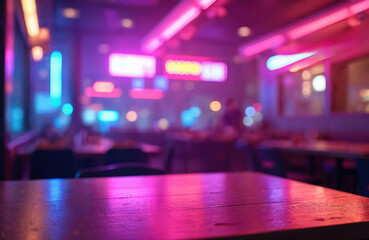 Naklejka na ściany i meble Modern nightclub restaurant table with neon purple light. Interior bar background with vivid pink and blue lights. Empty table, product placement concept for drinks or food.