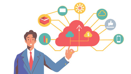 Man in suit pointing to a cloud connected to various icons representing different digital functions