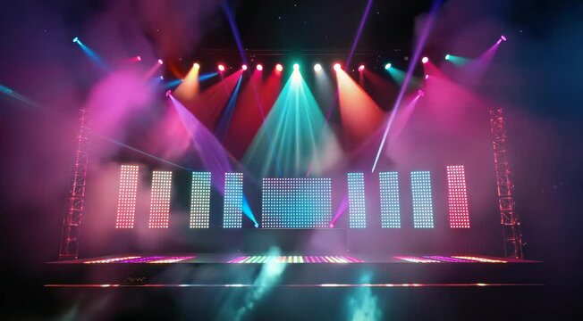 Empty concert stage with colorful lighting and led screens