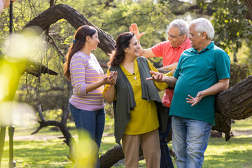 Group of indian senior male and woman friends At park 