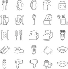 Essential hygiene and grooming line icon set, personal care tools, bathroom accessories, sanitary products, face mask, cotton swab, razor, tissue collection