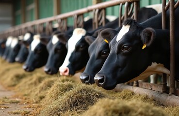 Cows eating hay in a row on farm. Dairy cattle feeding in barn. Black and white holstein dairy cows. Agriculture, husbandry, food production concepts.