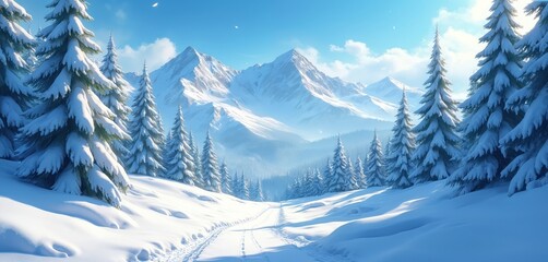 Winter landscape with evergreen trees covered snow. Snowy path leads through snow-covered fields. Mountain peaks with snow, peaceful sunny scenery. Ideal for holiday cards winter promotion campaign.
