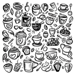 Realistic and artistic illustrations of coffee beans, brewing equipment, coffee cups, baristas, coffee farms, roasting processes, and café scenes