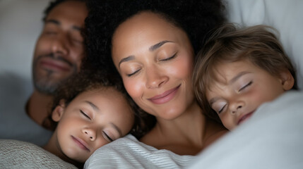 Fototapeta premium A peaceful multiethnic family sleeping together at home in soft light