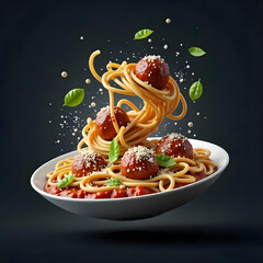 Spaghetti with meatballs and tomato sauce in a white bowl, basil leaves , parmesan cheese , floating meatballs , dark background