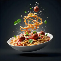 Spaghetti with meatballs and tomato sauce in a white bowl, basil leaves , parmesan cheese , floating meatballs , dark background