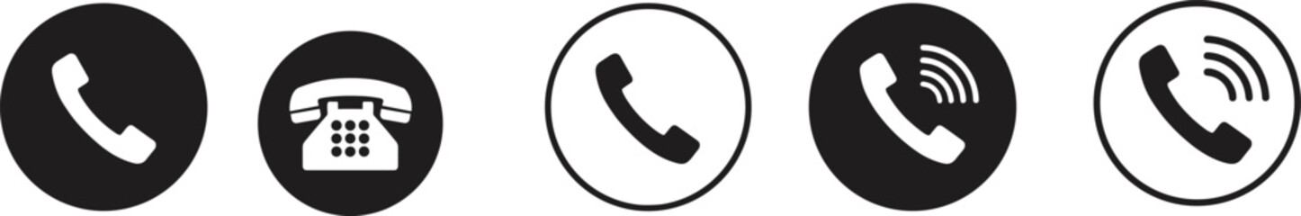 Phone call icon set in black and white, communication symbols, handset pictograms, ringing signal icons, vector telecommunication buttons for mobile and web interface