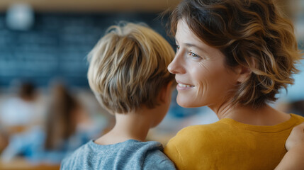 Teacher assisting elementary student in engaging classroom