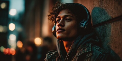 Obraz premium Thoughtful young man listening to music while leaning against a wall in an urban setting at dusk