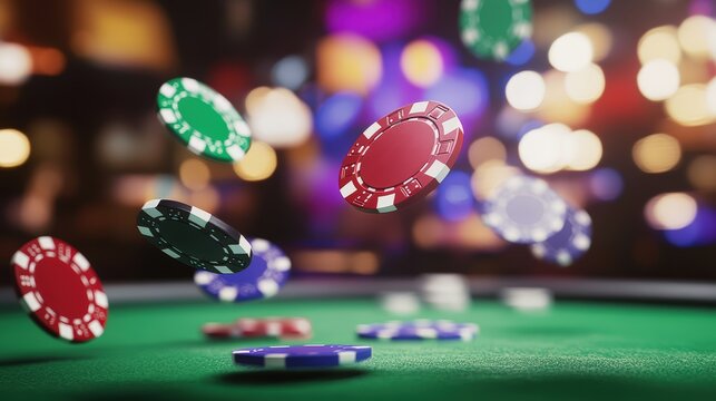 Colorful casino chips mid-air on green poker table with bokeh background