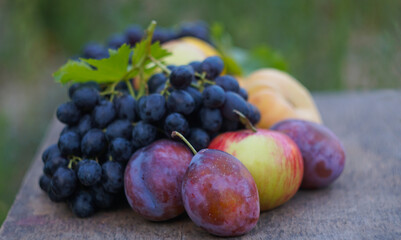 Red grapes and various fruits on a blackboard