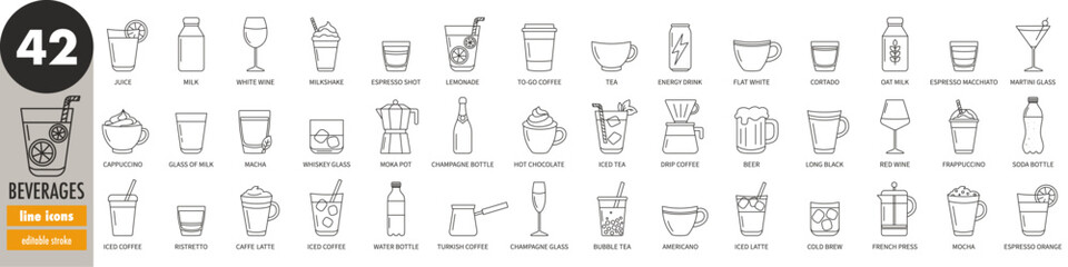 Beverages, drinks editable stroke thin line icons set. Juice, coffee, cappuccino, espresso, milk, hot chocolate, bubble tea, soda, water, champagne, wine, milkshake, tea, whiskey, vector illustration