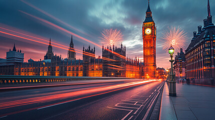 Obraz premium Celebrating New Year s Eve with Fireworks Over London s Iconic Skyline and Big Ben at twilight with long exposure motion