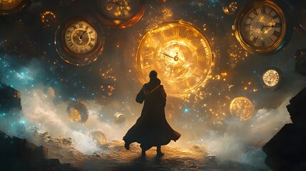 Sorcerer surrounded by floating clocks and time sigils manipulating time with golden magic suspended in a starry dimension surreal fantasy