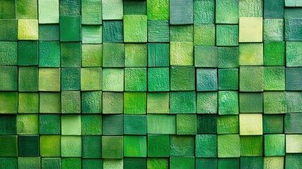 Vibrant green textured mosaic wall composed of wooden blocks in various shades