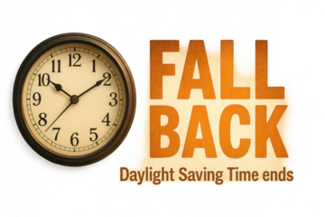 Clock with words 'Fall Back' and 'Daylight' in classic font, indicating a time change. Isolated on transparent background.