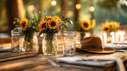 Rustic wedding reception table with mason jars, sunflowers, and a cowboy hat centerpiece 