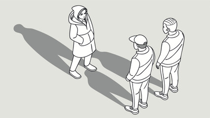 Naklejka premium Hooded Person Confronted by Two Individuals: A Vector Illustration of an Outdoor Encounter and Social Dynamics