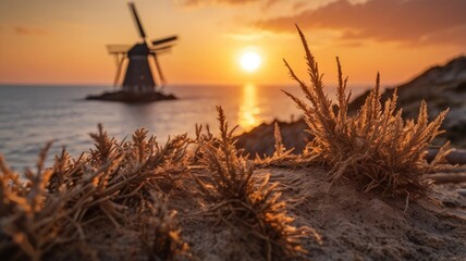 Sunset Windmill at Golden Hour Seascape