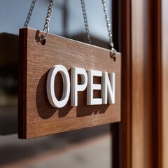 A wooden open sign hanging in a storefront window, symbolizing availability and inviting customers inside.