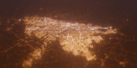 Street lights map of Bogota (Colombia) with tilt-shift effect, view from west. Imitation of macro shot with blurred background. 3d render, selective focus