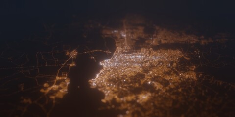 Street lights map of Porto Alegre (Brazil) with tilt-shift effect, view from south. Imitation of macro shot with blurred background. 3d render, selective focus