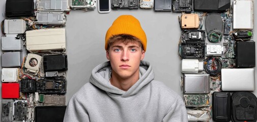 A young man wearing an orange beanie surrounded by various electronic devices. Capturing modern tech culture.