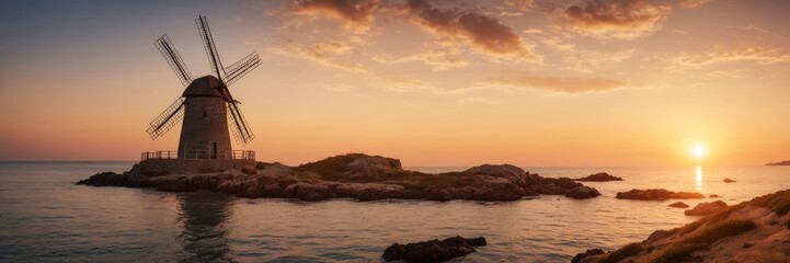 Scenic Sunset Coastal Windmill Panorama at Golden Hour