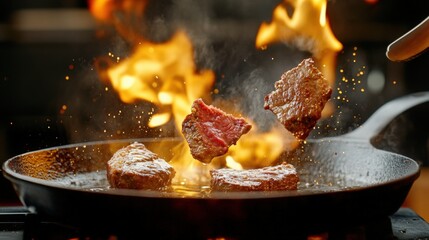 Splattering oil as pieces of steak make contact with a hot cast-iron pan 