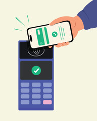Hand holding mobile phone for payment in phone bank application. Wireless, contactless or cashless payments, RFID NFC. 