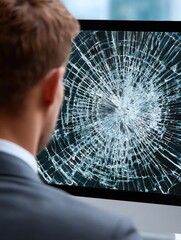A businessman stares at a shattered computer screen, symbolizing technology failure and digital disruption.