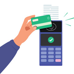 Hand holding credit card for payment bank application. Wireless, contactless or cashless payments. 