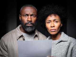 A concerned couple examines a document in a dimly lit room, expressing confusion and contemplation.