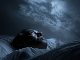 A contemplative individual gazes at clouds, experiencing thoughts and dreams during a serene night.