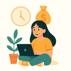 vector of a woman sitting relaxed while watching her business progress on a laptop