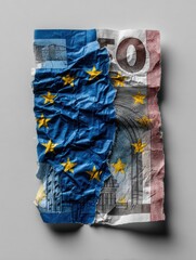 A crumpled euro banknote featuring the European Union flag symbolizing economic challenges and unity.