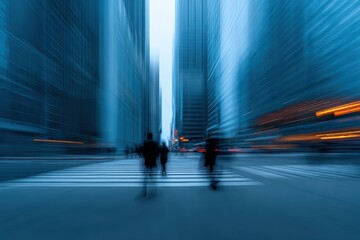 A dynamic urban scene with blurred figures walking amidst towering skyscrapers, conveying the energy of city life.